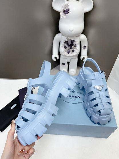 Women Sky Blue Platform Roman Fisherman Sandals Triangle Metal Logo Adjustable Ankle Buckle Shoes