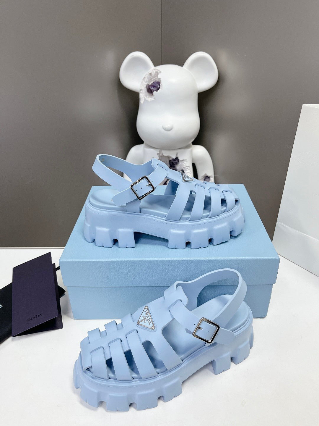 Women Sky Blue Platform Roman Fisherman Sandals Triangle Metal Logo Adjustable Ankle Buckle Shoes