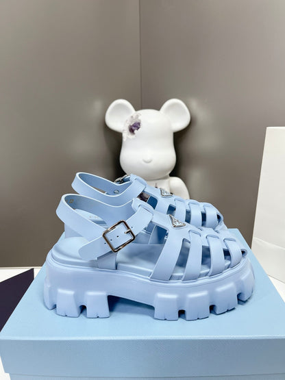 Women Sky Blue Platform Roman Fisherman Sandals Triangle Metal Logo Adjustable Ankle Buckle Shoes