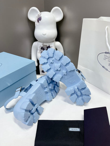 Women Sky Blue Platform Roman Fisherman Sandals Triangle Metal Logo Adjustable Ankle Buckle Shoes