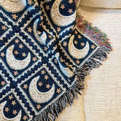 Woven Blanket Celestial Tapestry Blanket, Granny Square Astrology Aesthetic Throw Cotton Blanket Bedding Dorm Decor Gift Housewarming gift