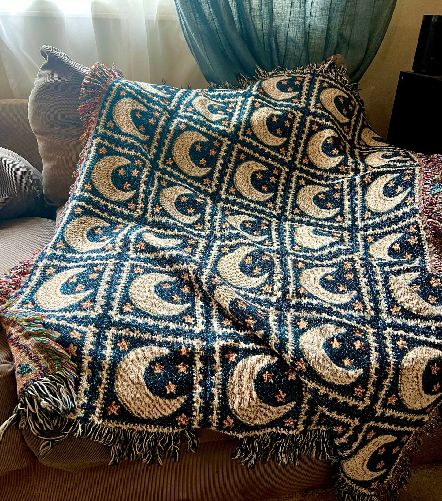 Woven Blanket Celestial Tapestry Blanket, Granny Square Astrology Aesthetic Throw Cotton Blanket Bedding Dorm Decor Gift Housewarming gift