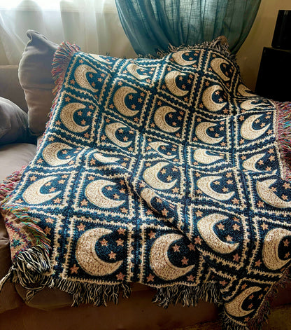 Woven Blanket Celestial Tapestry Blanket, Granny Square Astrology Aesthetic Throw Cotton Blanket Bedding Dorm Decor Gift Housewarming gift