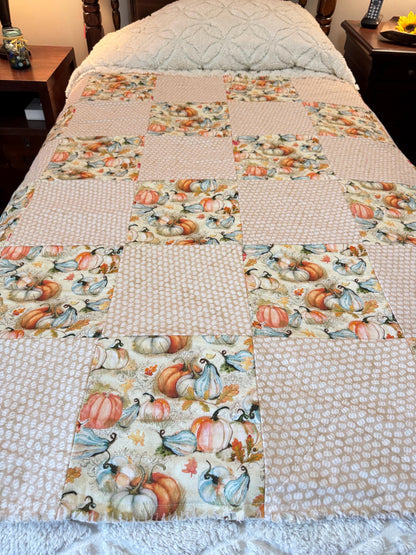Autumn Pumpkin Cotton Rag Quilt, Fall Sofa Throw (53x53)