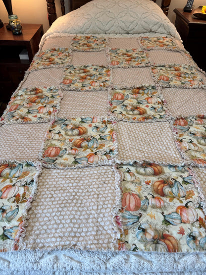 Autumn Pumpkin Cotton Rag Quilt, Fall Sofa Throw (53x53)
