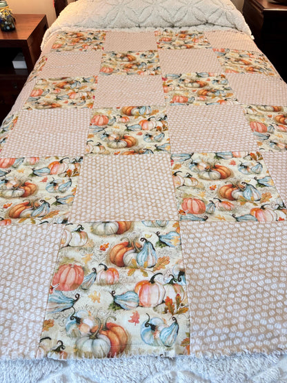 Autumn Pumpkin Cotton Rag Quilt, Fall Sofa Throw (53x53)