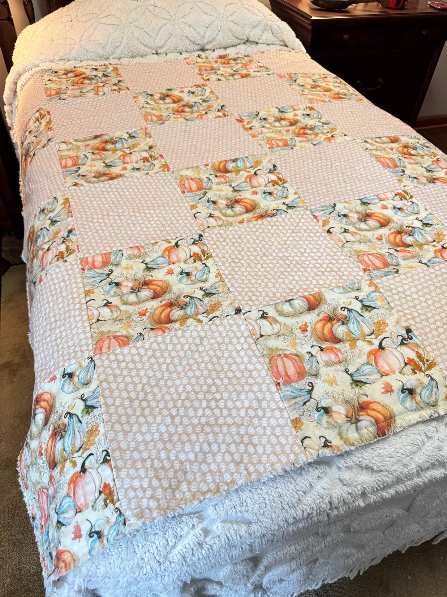 Autumn Pumpkin Cotton Rag Quilt, Fall Sofa Throw (53x53)