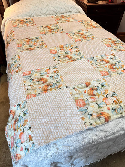 Autumn Pumpkin Cotton Rag Quilt, Fall Sofa Throw (53x53)