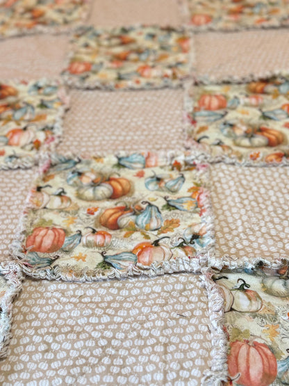 Autumn Pumpkin Cotton Rag Quilt, Fall Sofa Throw (53x53)