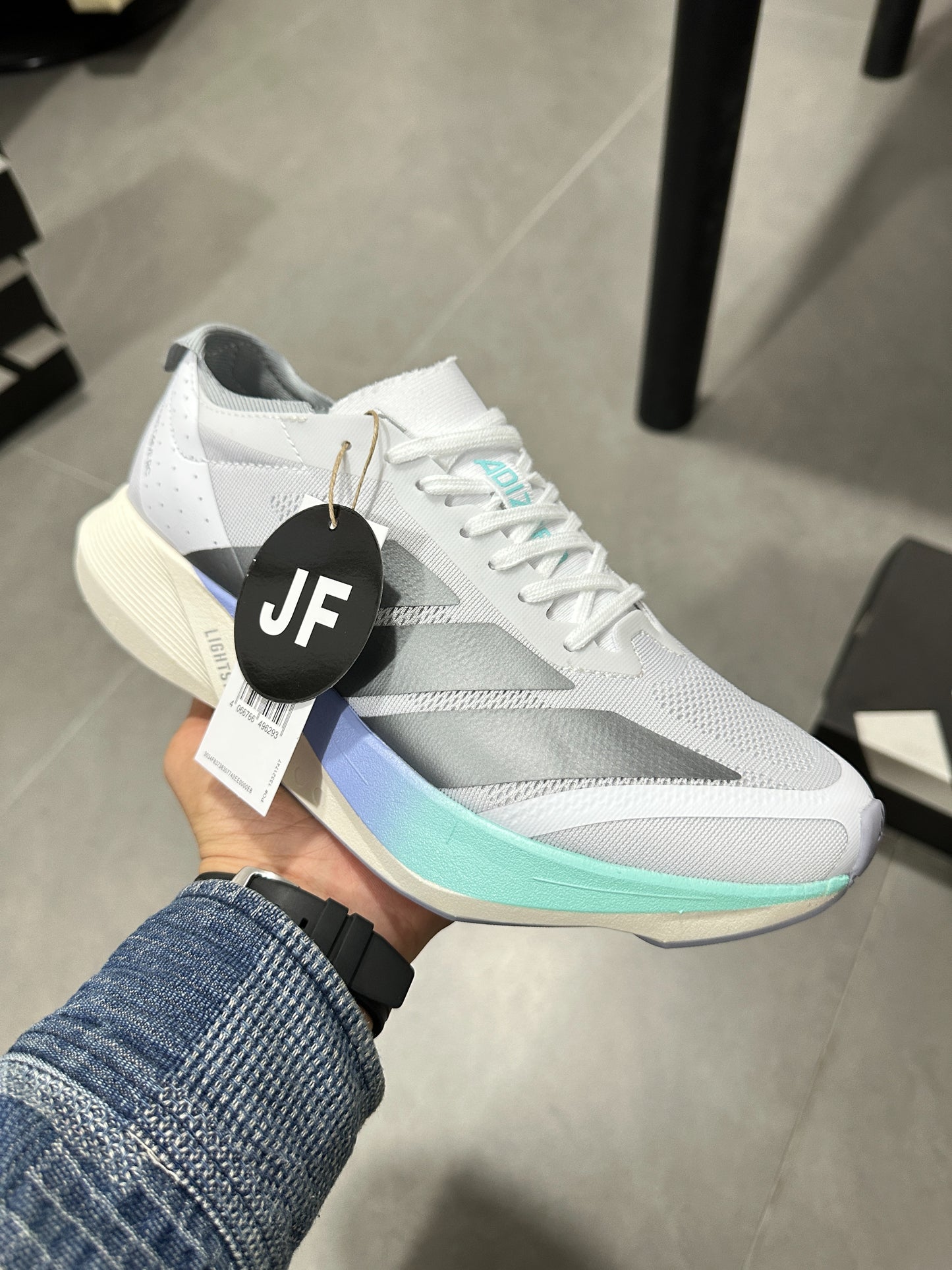 Adidas ADIZERO DRIVE RC (Cloud White / Silver Metallic / Blue Turquoise colorway)