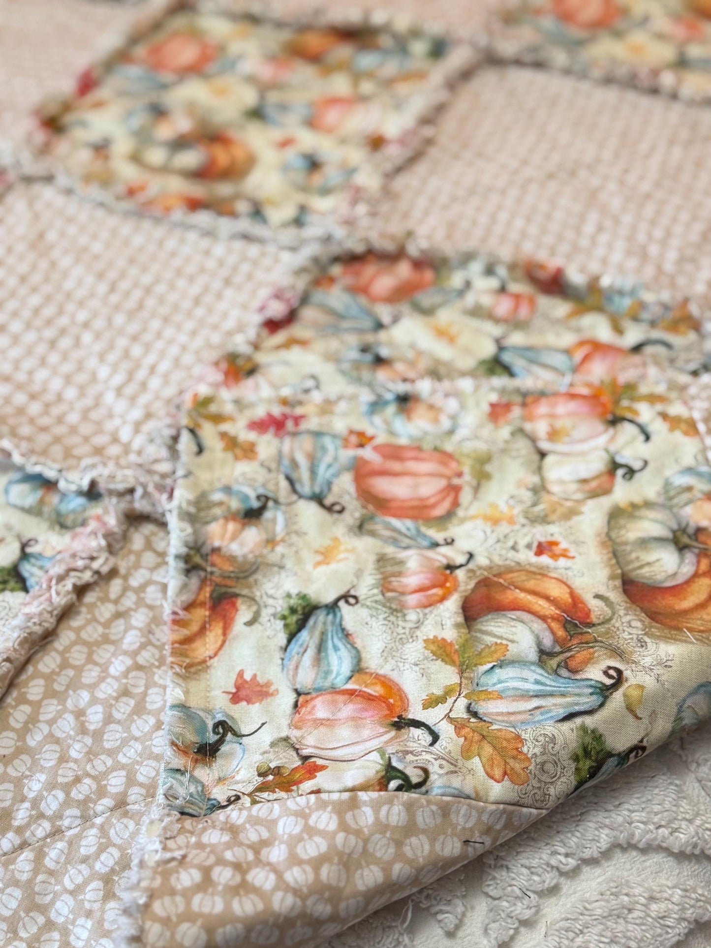 Autumn Pumpkin Cotton Rag Quilt, Fall Sofa Throw (53x53)