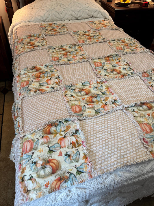 Autumn Pumpkin Cotton Rag Quilt, Fall Sofa Throw (53x53)