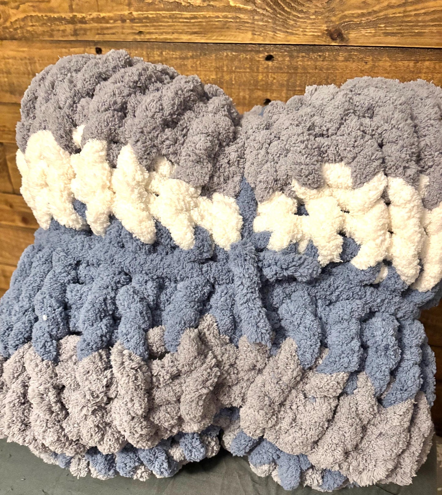 Chunky Knit Throw Blanket | Stormy Coast Stripes, Chenille Yarn, 40x58