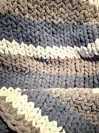 Chunky Knit Throw Blanket | Stormy Coast Stripes, Chenille Yarn, 40x58