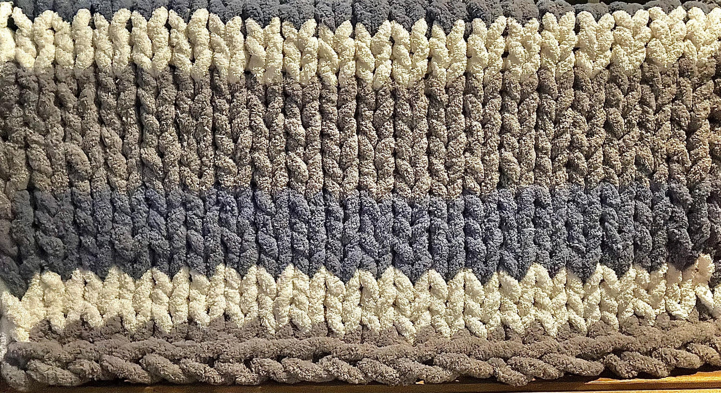 Chunky Knit Throw Blanket | Stormy Coast Stripes, Chenille Yarn, 40x58
