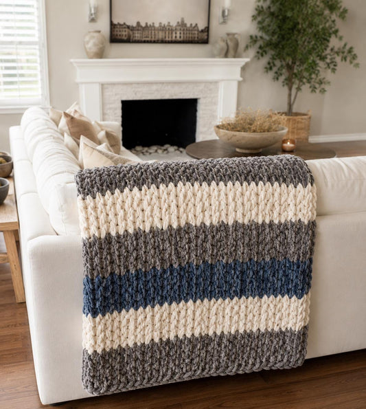 Chunky Knit Throw Blanket | Stormy Coast Stripes, Chenille Yarn, 40x58