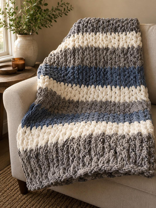 Chunky Knit Throw Blanket | Stormy Coast Stripes, Chenille Yarn, 40x58