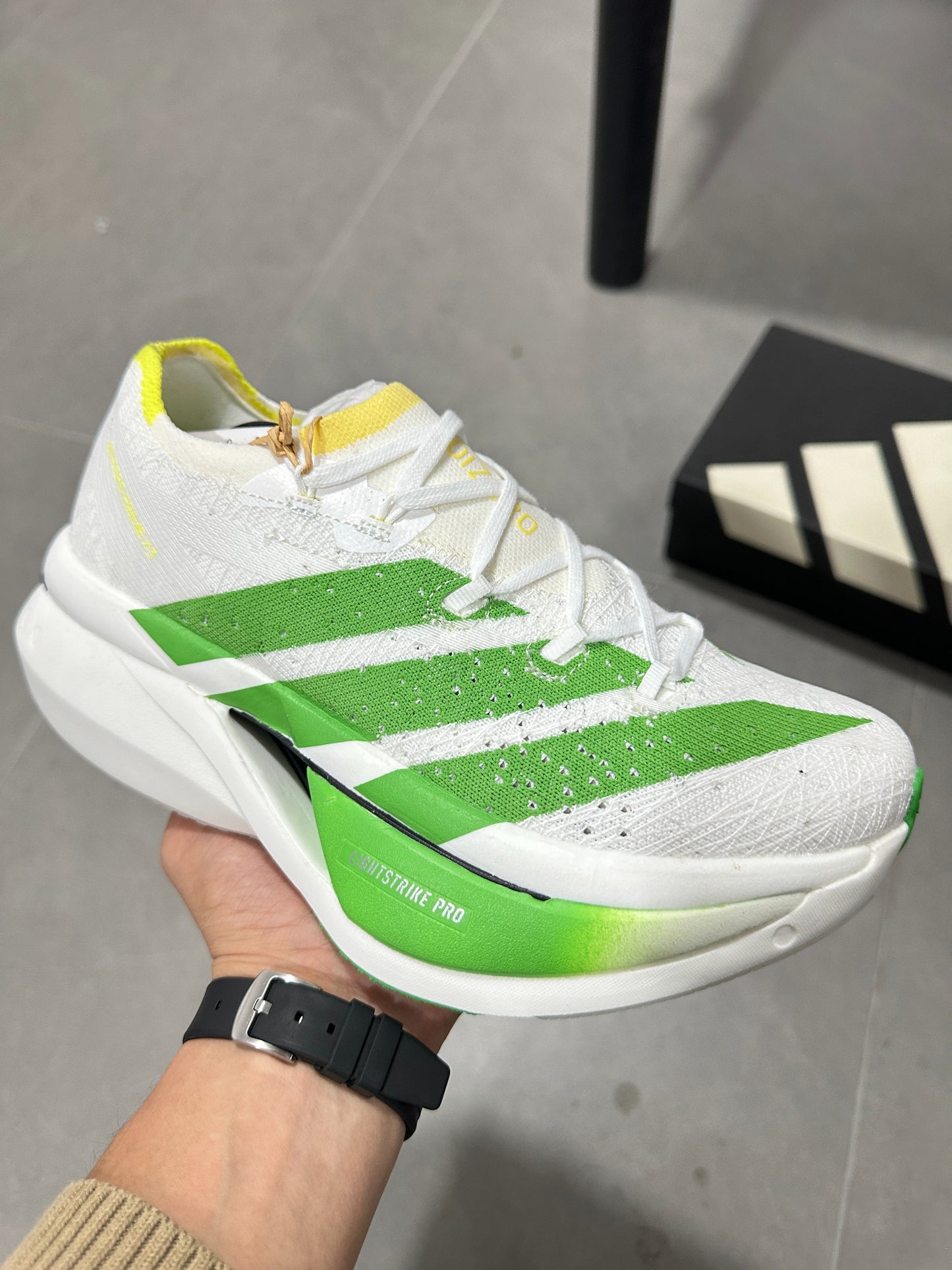 Adidas ADIZERO ADIOS PRO 4 (Cloud White / Green / Yellow colorway)