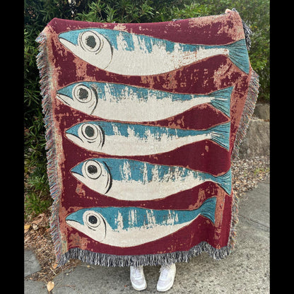 Sardines Fish Woven Blanket: Coastal Decor Tapestry, Beach House Picnic Blanket, Mid Century Throw