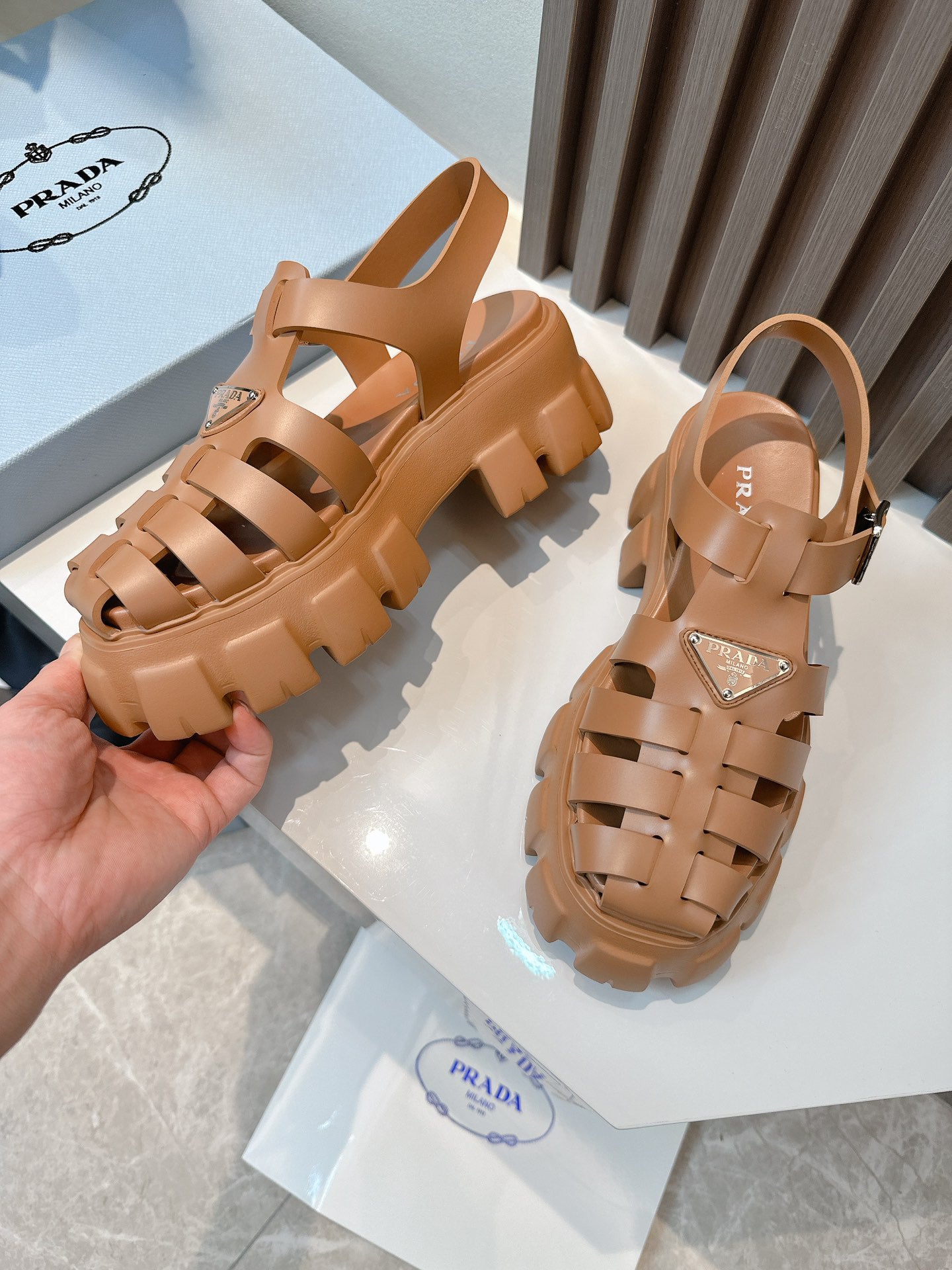 Women Camel Brown Platform Roman Sandals Triangle Metal Logo Ankle Buckle Fisherman Sandal