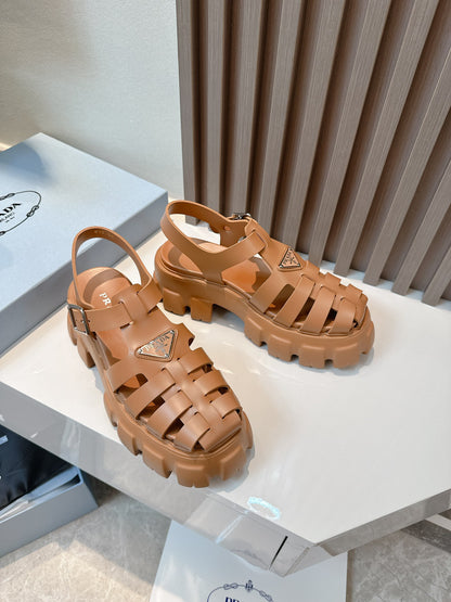 Women Camel Brown Platform Roman Sandals Triangle Metal Logo Ankle Buckle Fisherman Sandal