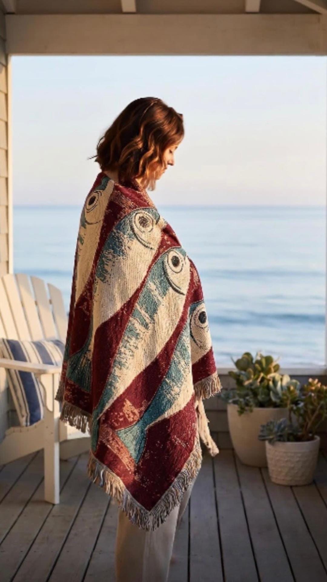 Sardines Fish Woven Blanket: Coastal Decor Tapestry, Beach House Picnic Blanket, Mid Century Throw
