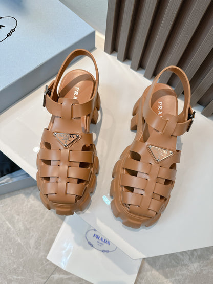 Women Camel Brown Platform Roman Sandals Triangle Metal Logo Ankle Buckle Fisherman Sandal