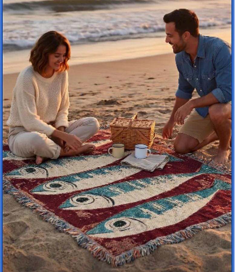 Sardines Fish Woven Blanket: Coastal Decor Tapestry, Beach House Picnic Blanket, Mid Century Throw
