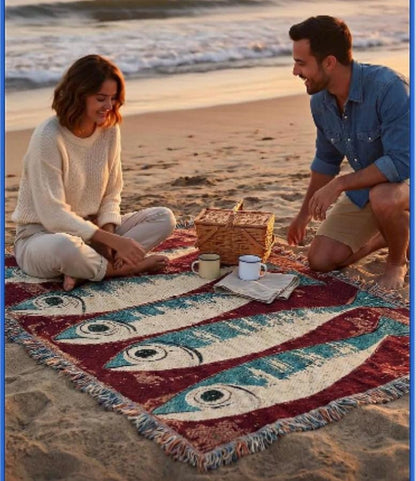 Sardines Fish Woven Blanket: Coastal Decor Tapestry, Beach House Picnic Blanket, Mid Century Throw