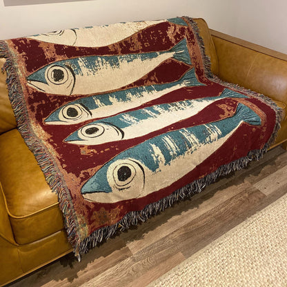 Sardines Fish Woven Blanket: Coastal Decor Tapestry, Beach House Picnic Blanket, Mid Century Throw