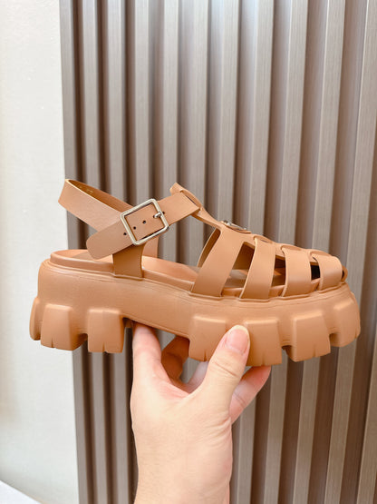 Women Camel Brown Platform Roman Sandals Triangle Metal Logo Ankle Buckle Fisherman Sandal