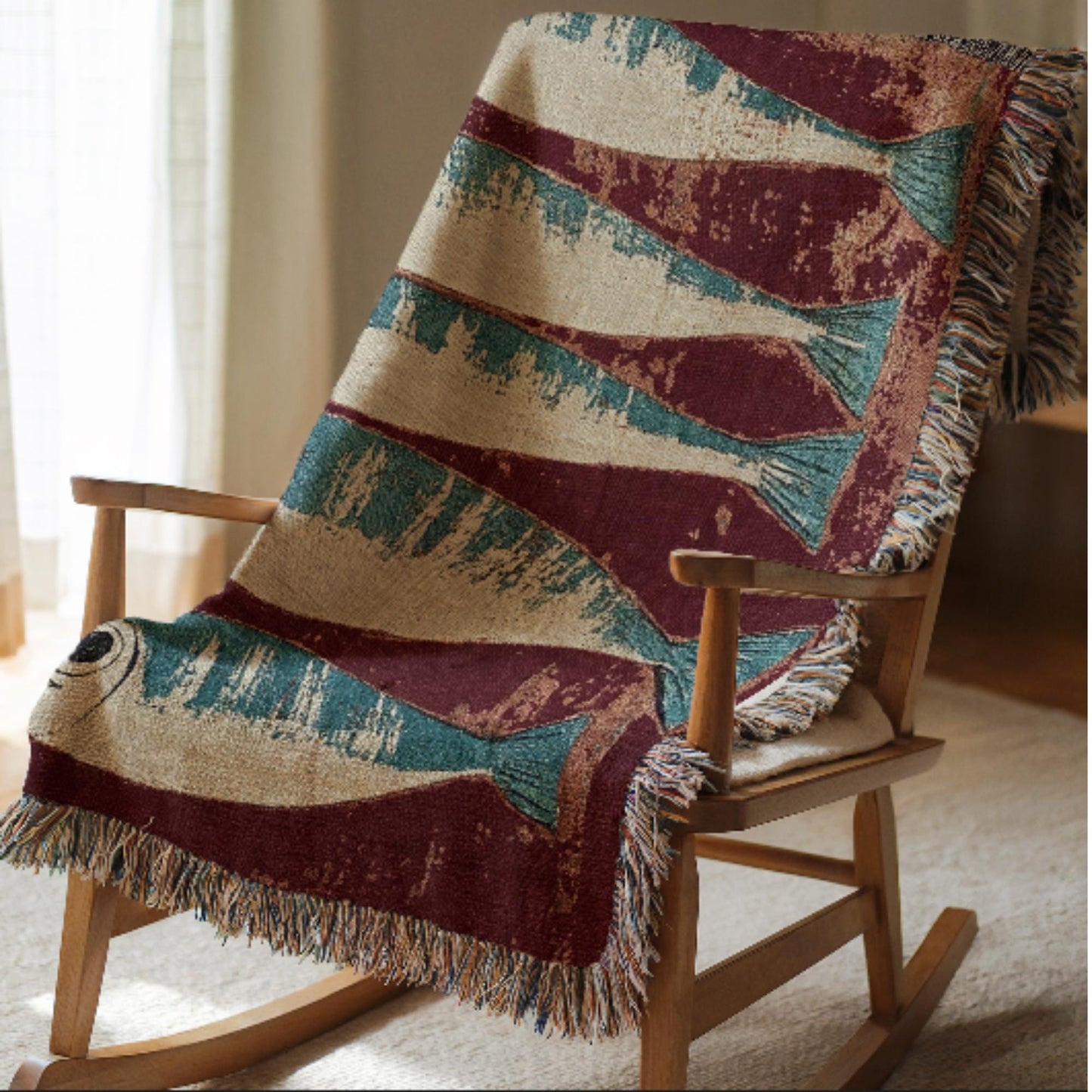 Sardines Fish Woven Blanket: Coastal Decor Tapestry, Beach House Picnic Blanket, Mid Century Throw