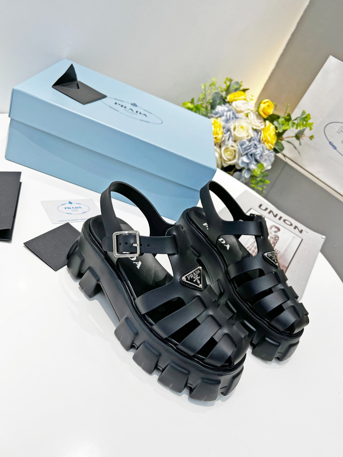 Prada Triangle Logo Woven Roman Sandals, Women Chunky Lug Sole Closed Toe Buckle Strap Platform Sandals