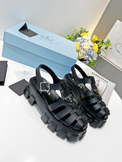 Prada Triangle Logo Woven Roman Sandals, Women Chunky Lug Sole Closed Toe Buckle Strap Platform Sandals