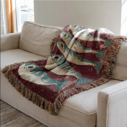 Sardines Fish Woven Blanket: Coastal Decor Tapestry, Beach House Picnic Blanket, Mid Century Throw