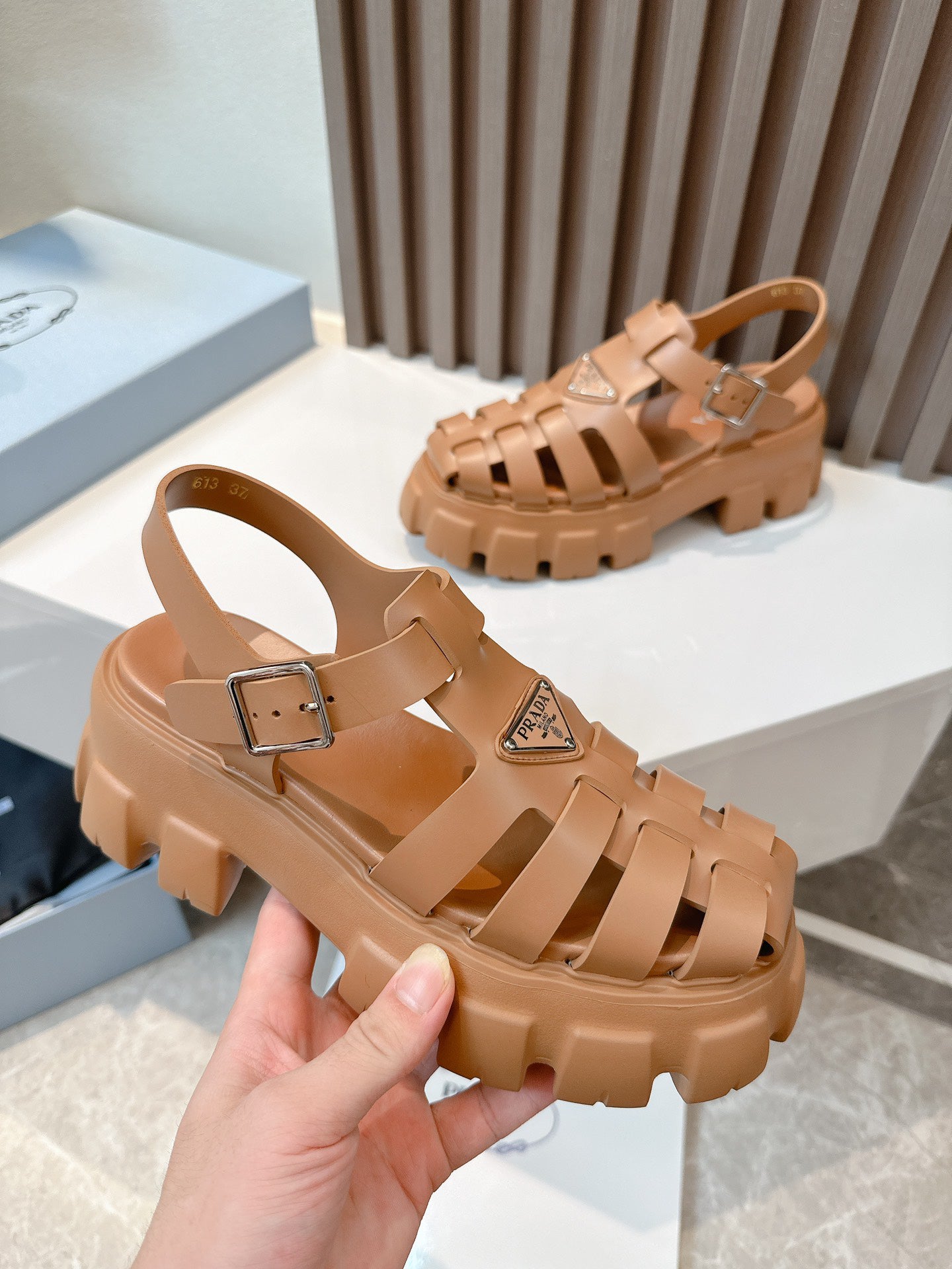 Women Camel Brown Platform Roman Sandals Triangle Metal Logo Ankle Buckle Fisherman Sandal