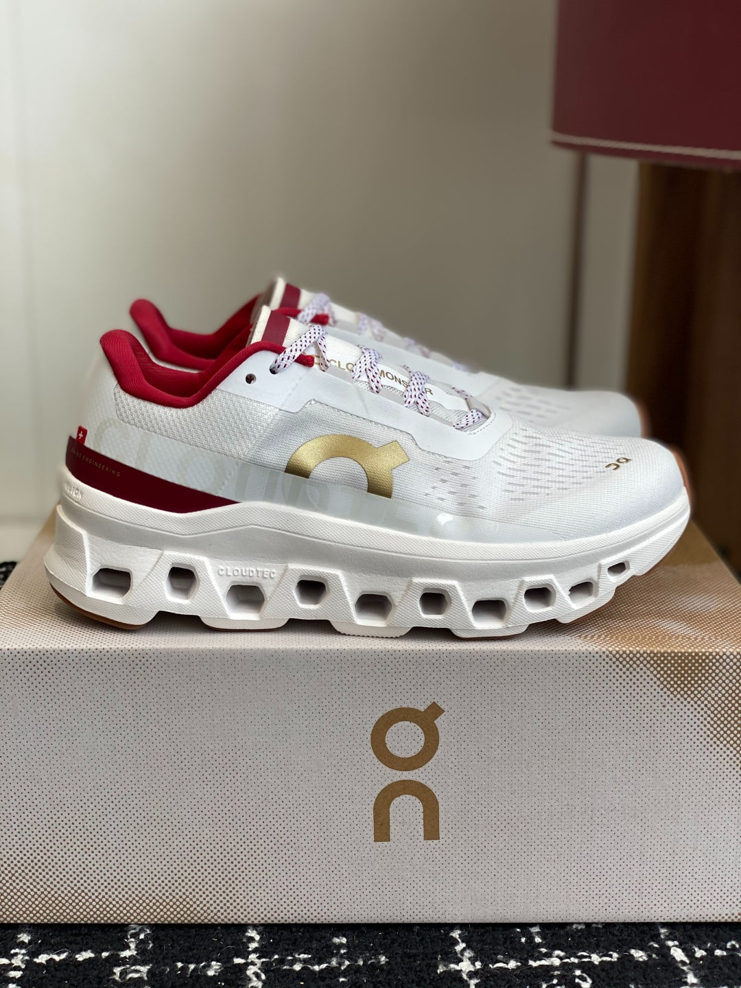 Cloudmonster White Red Gold Cushioned Running Shoes Unisex Monster Sole Athletic Trainers
