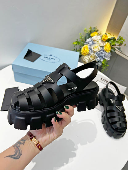 Prada Triangle Logo Woven Roman Sandals, Women Chunky Lug Sole Closed Toe Buckle Strap Platform Sandals