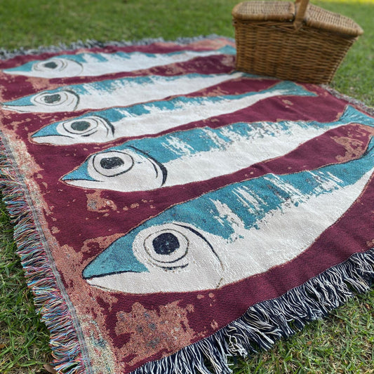 Sardines Fish Woven Blanket: Coastal Decor Tapestry, Beach House Picnic Blanket, Mid Century Throw