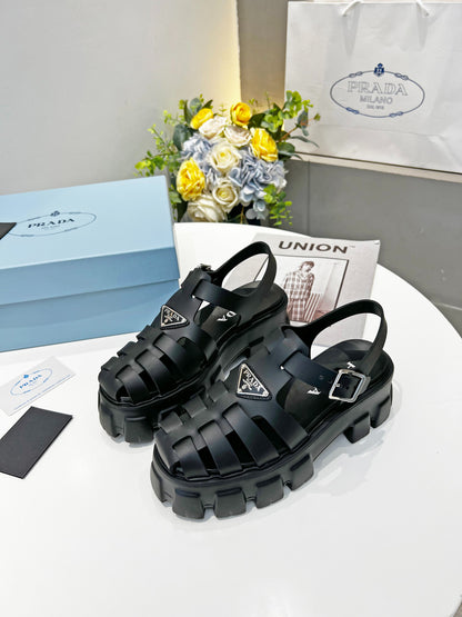 Prada Triangle Logo Woven Roman Sandals, Women Chunky Lug Sole Closed Toe Buckle Strap Platform Sandals