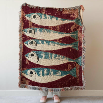 Sardines Fish Woven Blanket: Coastal Decor Tapestry, Beach House Picnic Blanket, Mid Century Throw