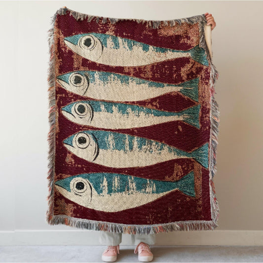 Sardines Fish Woven Blanket: Coastal Decor Tapestry, Beach House Picnic Blanket, Mid Century Throw