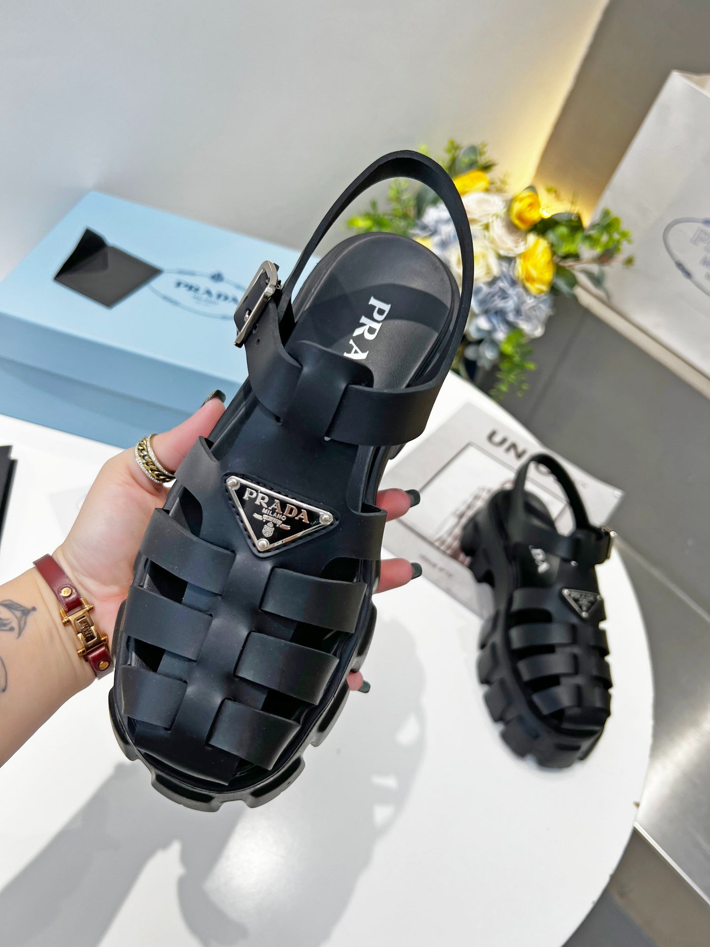 Prada Triangle Logo Woven Roman Sandals, Women Chunky Lug Sole Closed Toe Buckle Strap Platform Sandals