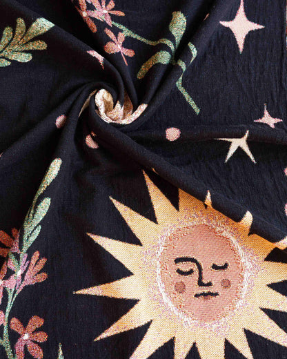 Moon & Sun Blanket: Gift for Her, Whimsical Personalized Baby Present, Black Yellow Celestial, Maximalist Unique Woven, Kids Teen Bedroom