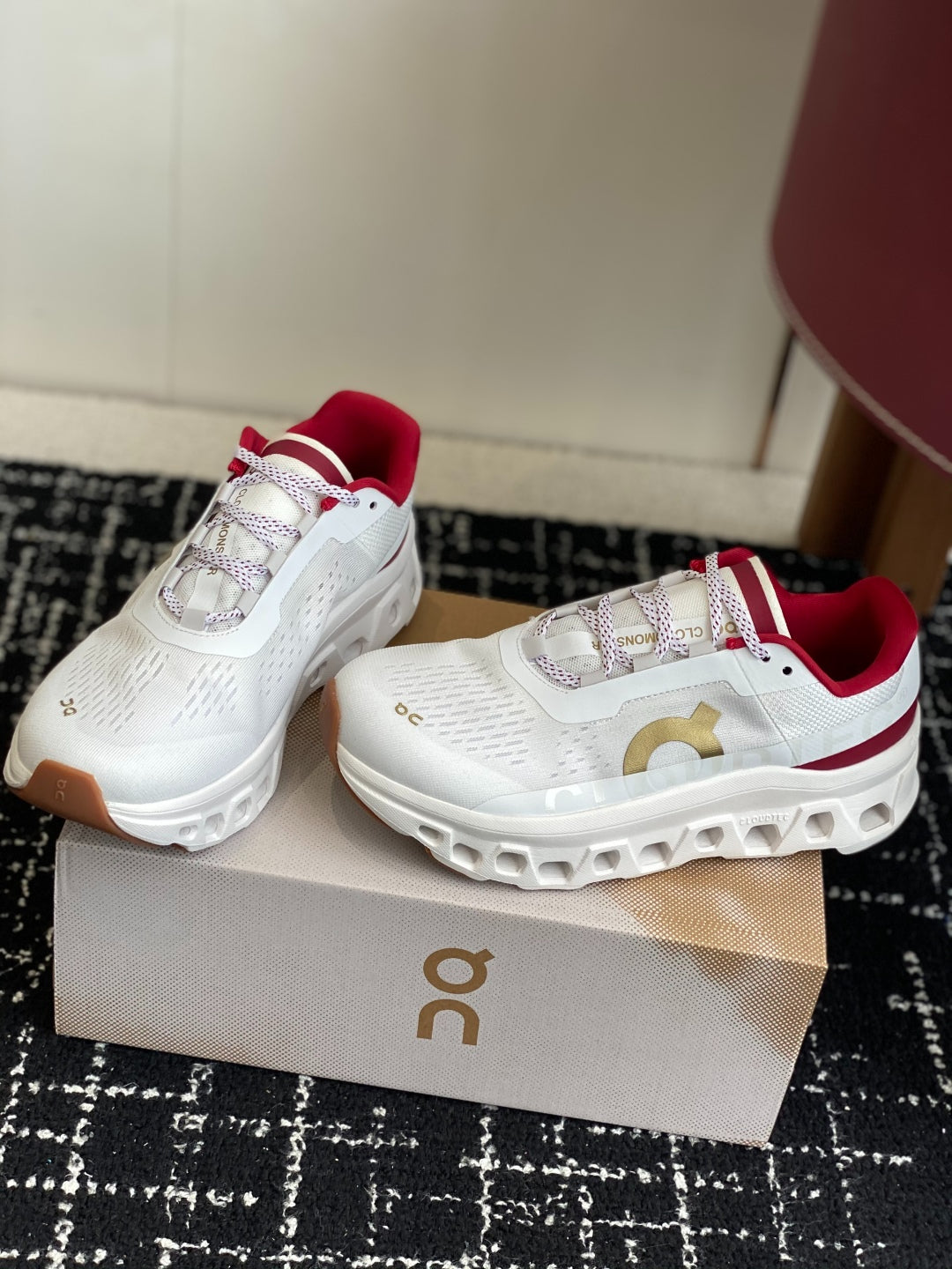 Cloudmonster White Red Gold Cushioned Running Shoes Unisex Monster Sole Athletic Trainers