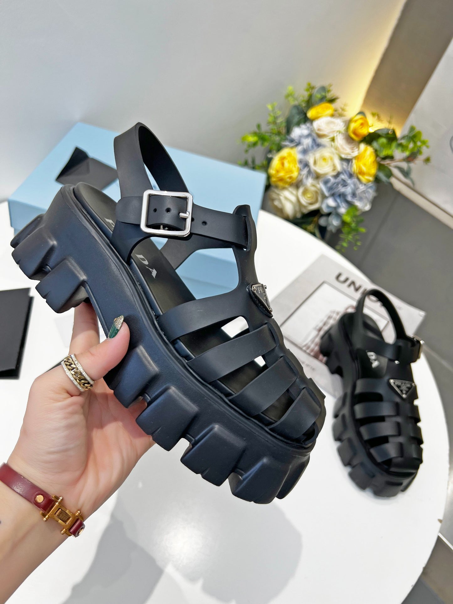 Prada Triangle Logo Woven Roman Sandals, Women Chunky Lug Sole Closed Toe Buckle Strap Platform Sandals