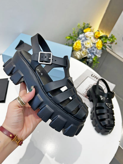 Prada Triangle Logo Woven Roman Sandals, Women Chunky Lug Sole Closed Toe Buckle Strap Platform Sandals