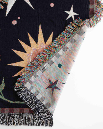 Moon & Sun Blanket: Gift for Her, Whimsical Personalized Baby Present, Black Yellow Celestial, Maximalist Unique Woven, Kids Teen Bedroom