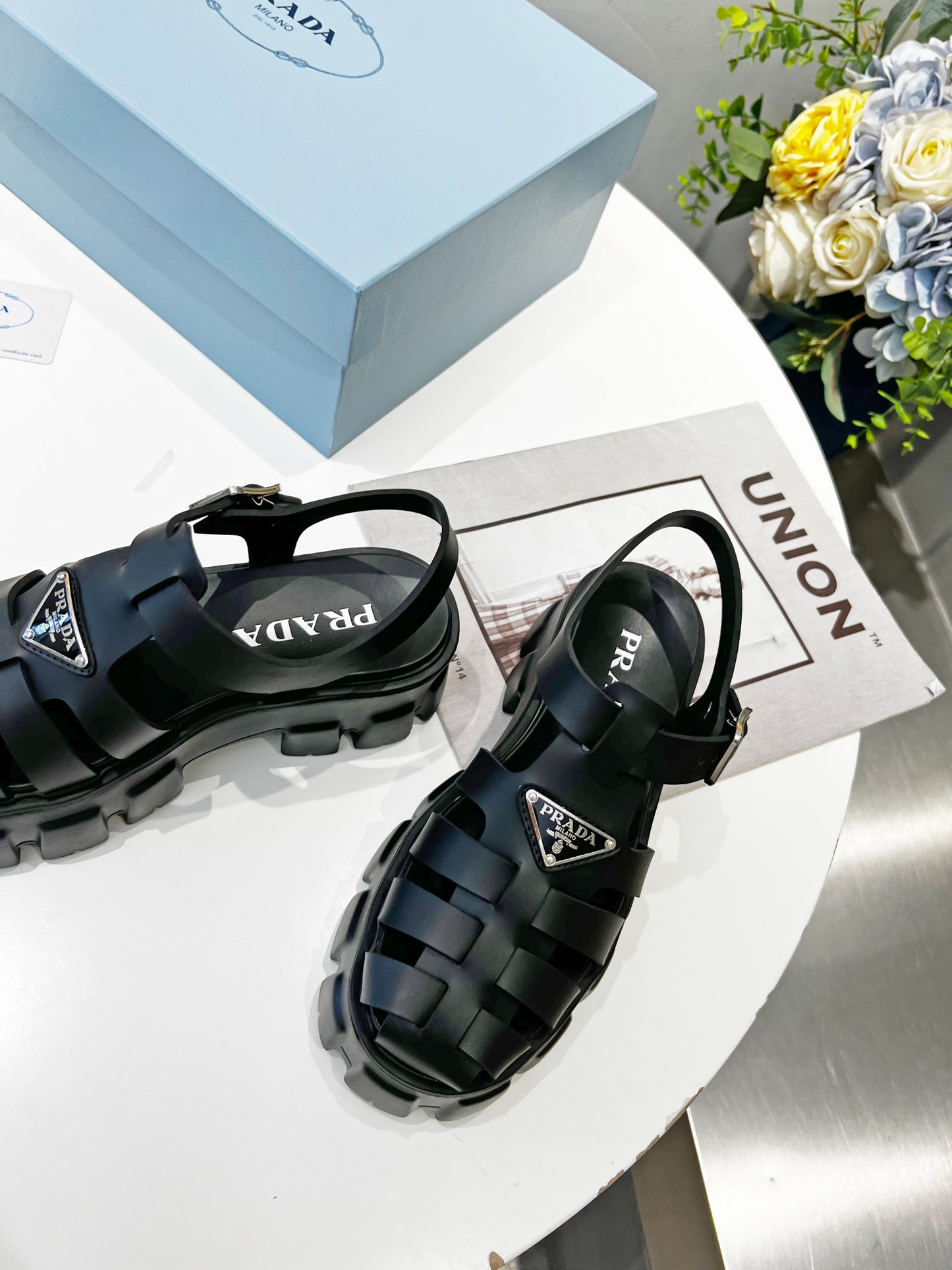 Prada Triangle Logo Woven Roman Sandals, Women Chunky Lug Sole Closed Toe Buckle Strap Platform Sandals