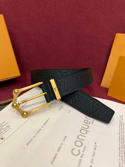 Black Grain Leather Men Belt Antique Gold Horseshoe Pin Buckle Casual Dress Belt